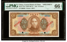 China Central Bank of China 10 Dollars 1923 Pick 176s S/M#C305-12 Specimen PMG Gem Uncirculated 66 EPQ. Red Specimen overprints and two POCs are prese...