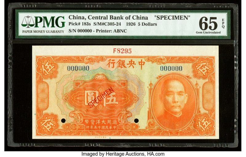 China Central Bank of China 5 Dollars 1926 Pick 183s S/M#C305-24 Specimen PMG Ge...