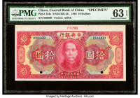 China Central Bank of China 10 Dollars 1926 Pick 184s S/M#C305-26 Specimen PMG Choice Uncirculated 63 EPQ. Red Specimen overprints and two POCs are pr...