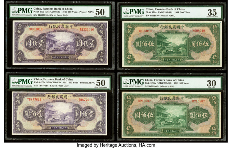 China Farmers Bank of China 100 (2); 500 (2) Yuan 1941 Pick 477a (2); 478a (2) F...