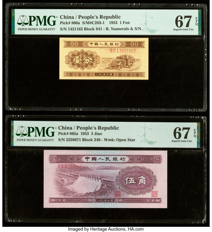 China People's Bank of China 1 Fen; 5 Jiao 1953 Pick 860a; 865a Two Examples PMG...