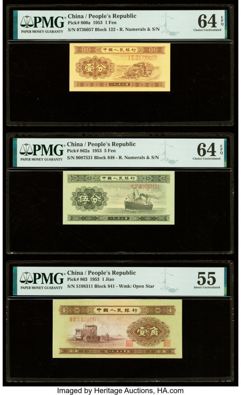 China People's Bank of China 1; 5 Fen; 1 Jiao 1953 Pick 860a; 862a; 863 Three ex...