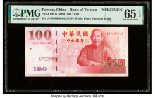 China Bank of Taiwan 100 Yuan 2000 Pick 1991s Specimen PMG Gem Uncirculated 65 EPQ. Red Specimen overprints are present on this example.

HID098012420...