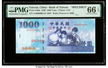 China Bank of Taiwan 1000 Yuan 1999 Pick 1994s Specimen PMG Gem Uncirculated 66 EPQ. Red Specimen overprints are present on this example.

HID09801242...