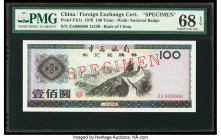 China Bank of China, Foreign Exchange Certificate 100 Yuan 1979 Pick FX7s Specimen PMG Superb Gem Unc 68 EPQ. Red Specimen overprints are present on t...