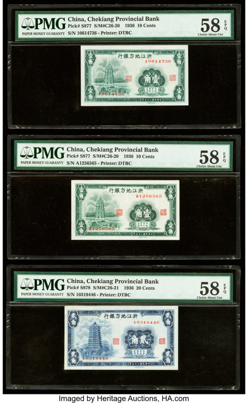 China Chekiang Provincial Bank 10 (2); 20; 50 (2) Cents 1936 Pick S877 (2); S878...