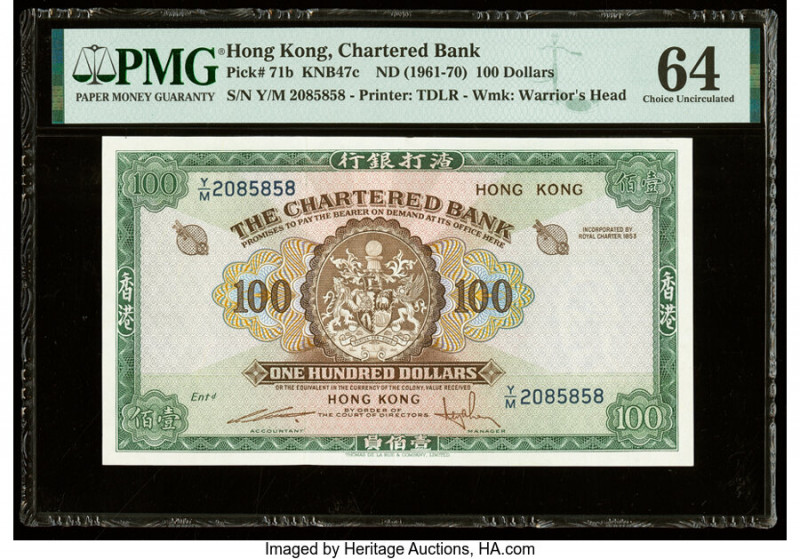 Hong Kong Chartered Bank 100 Dollars ND (1961-70) Pick 71b KNB47c PMG Choice Unc...