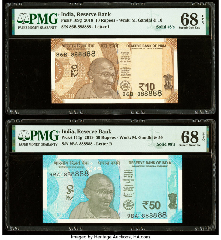 Solid Serial Numbers 888888 India Reserve Bank of India 10; 50 Rupees 2018; 2019...