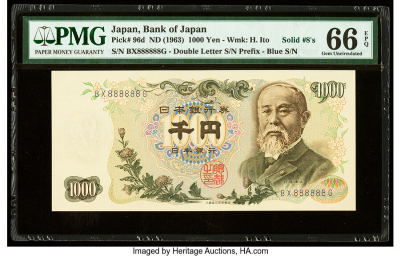 Solid Serial Number 888888 Japan Bank of Japan 1000 Yen ND (1963) Pick 96d PMG G...