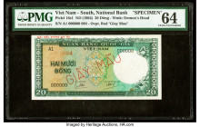 South Vietnam National Bank of Viet Nam 20 Dong ND (1964) Pick 16s1 Specimen PMG Choice Uncirculated 64. Red Giay Mau overprints and minor stains are ...