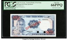 South Vietnam National Bank of Viet Nam 500 Dong ND (1966) Pick 23s Specimen PCGS Gem New 66PPQ. Red Specimen & TDLR overprints and two POCs are prese...