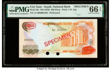 South Vietnam National Bank of Viet Nam 500 Dong ND (1970) Pick 28s Specimen PMG Gem Uncirculated 66 EPQ. Red Specimen & TDLR overprints and two POCs ...