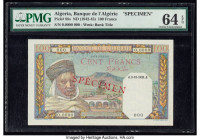 Algeria Banque de l'Algerie 100 Francs ND (1942-45) Pick 88s Specimen PMG Choice Uncirculated 64 EPQ. Red Specimen overprints are visible on this exam...