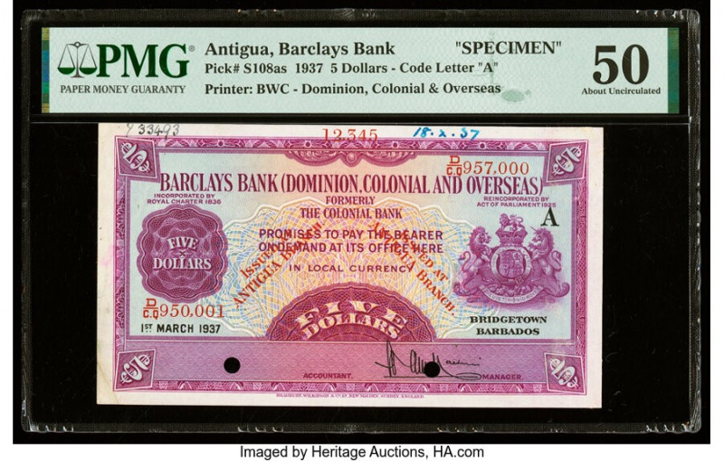 Antigua Barclays Bank 5 Dollars 1.3.1937 Pick S108as Specimen PMG About Uncircul...