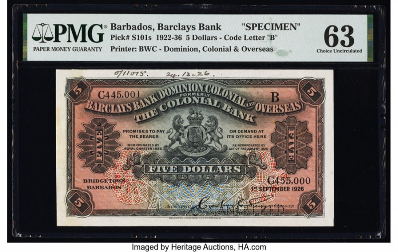 Barbados Barclays Bank 5 Dollars 1.9.1926 Pick S101s Specimen PMG Choice Uncircu...