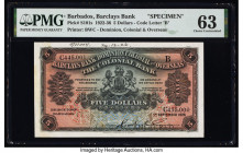 Barbados Barclays Bank 5 Dollars 1.9.1926 Pick S101s Specimen PMG Choice Uncirculated 63. Previous mounting and a roulette cancelled punch are noted o...