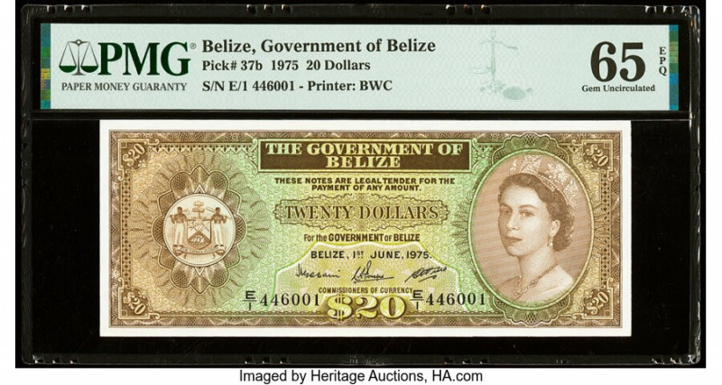 Belize Government of Belize 20 Dollars 1.6.1975 Pick 37b PMG Gem Uncirculated 65...