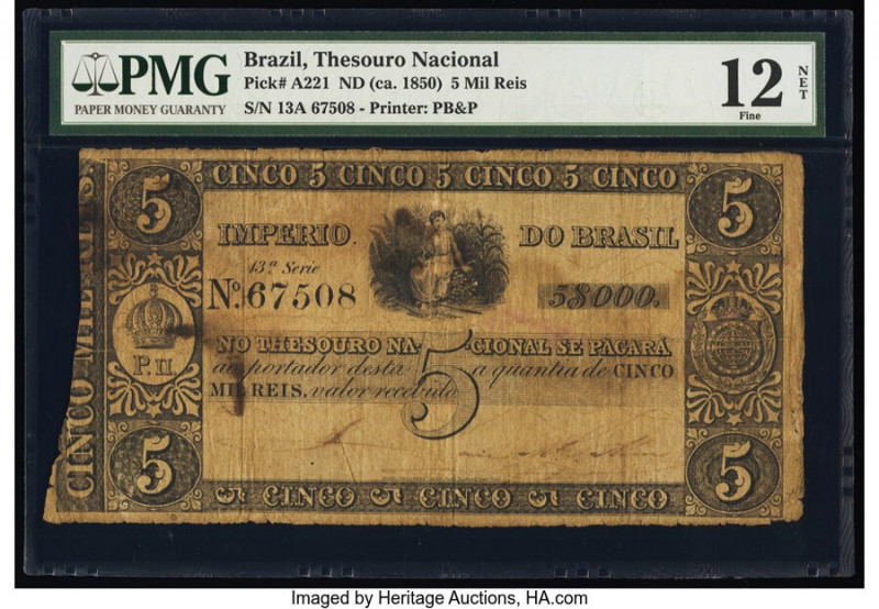 Brazil Thesouro Nacional 5 Mil Reis ND (ca. 1850) Pick A221 PMG Fine 12 Net. Edg...