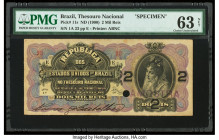 Brazil Thesouro Nacional 2 Mil Reis ND (1900) Pick 11s Specimen PMG Choice Uncirculated 63 Net. Previous mounting, a minor internal tear and one POC p...