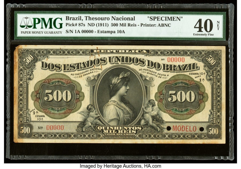 Brazil Thesouro Nacional 500 Mil Reis ND (1911) Pick 87s Specimen PMG Extremely ...