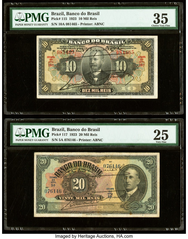 Brazil Banco do Brasil 10; 20 Mil Reis 8.1.1923 Pick 115; 117 Two Examples PMG C...