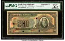 Brazil Banco do Brasil 200 Mil Reis 8.1.1923 Pick 121s Specimen PMG About Uncirculated 55 Net. Rust, red Modelo overprints and five POCs are on this e...