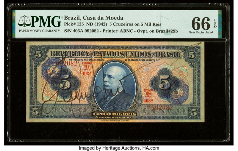 Brazil Banco do Brasil 5 Cruzeiros on 5 Mil Reis ND (1942) Pick 125 PMG Gem Unci...
