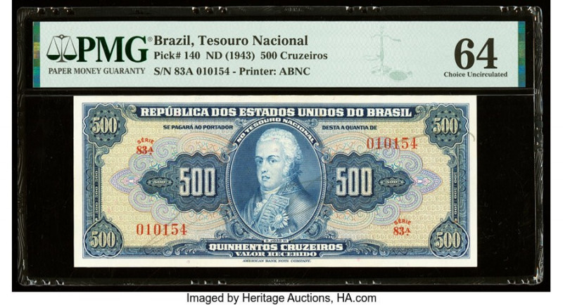 Brazil Tesouro Nacional 500 Cruzeiros ND (1943) Pick 140 PMG Choice Uncirculated...