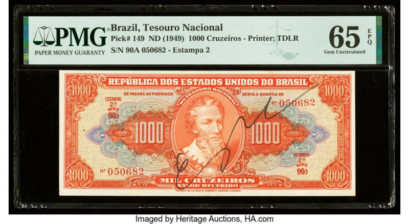 Brazil Tesouro Nacional 1000 Cruzeiros ND (1949) Pick 149 PMG Gem Uncirculated 6...
