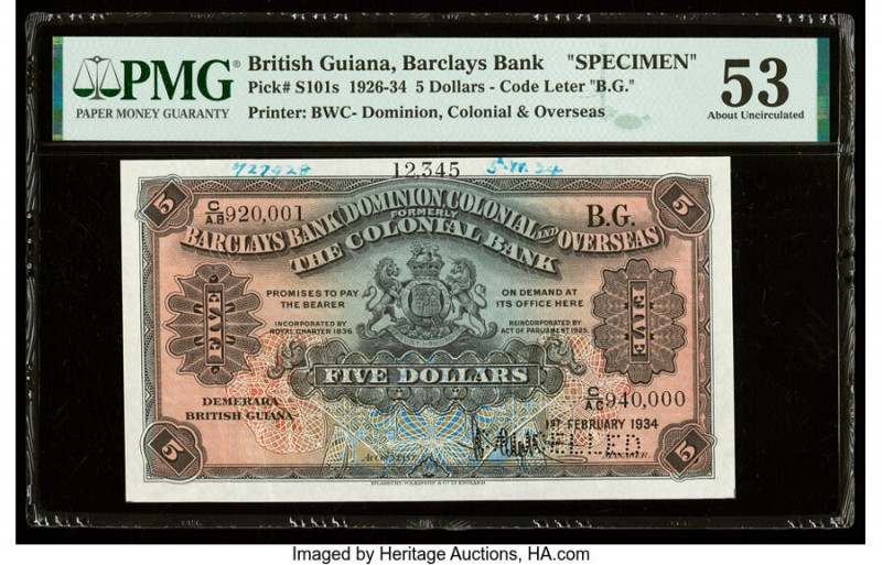 British Guiana Barclays Bank 5 Dollars 1.2.1934 Pick S101s Specimen PMG About Un...