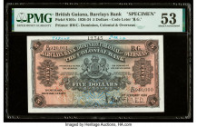 British Guiana Barclays Bank 5 Dollars 1.2.1934 Pick S101s Specimen PMG About Uncirculated 53. Previous mounting and a cancelled punch are present on ...