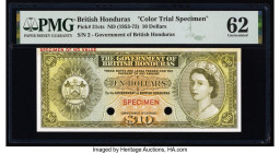 British Honduras Government of British Honduras 10 Dollars ND (1953-73) Pick 31cts Color Trial Specimen PMG Uncirculated 62. Previous mounting, red Sp...