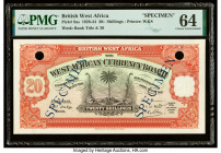British West Africa West African Currency Board 20 Shillings 21.7.1930 Pick 8as Specimen PMG Choice Uncirculated 64. Two POCs and Specimen overprints ...