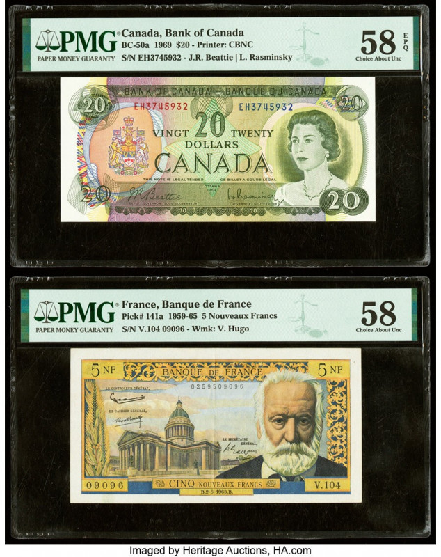 Canada Bank of Canada $20 1969 BC-50a PMG Choice About Unc 58 EPQ; France Banque...