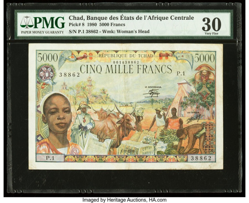 Chad Banque Des Etats De L'Afrique Centrale 5000 Francs 1.1.1980 Pick 8 PMG Very...