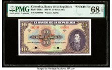 Colombia Banco de la Republica 10 Pesos Oro 7.8.1947 Pick 389bs Specimen PMG Superb Gem Unc 68 EPQ. Red Specimen overprints and two POCs are present o...