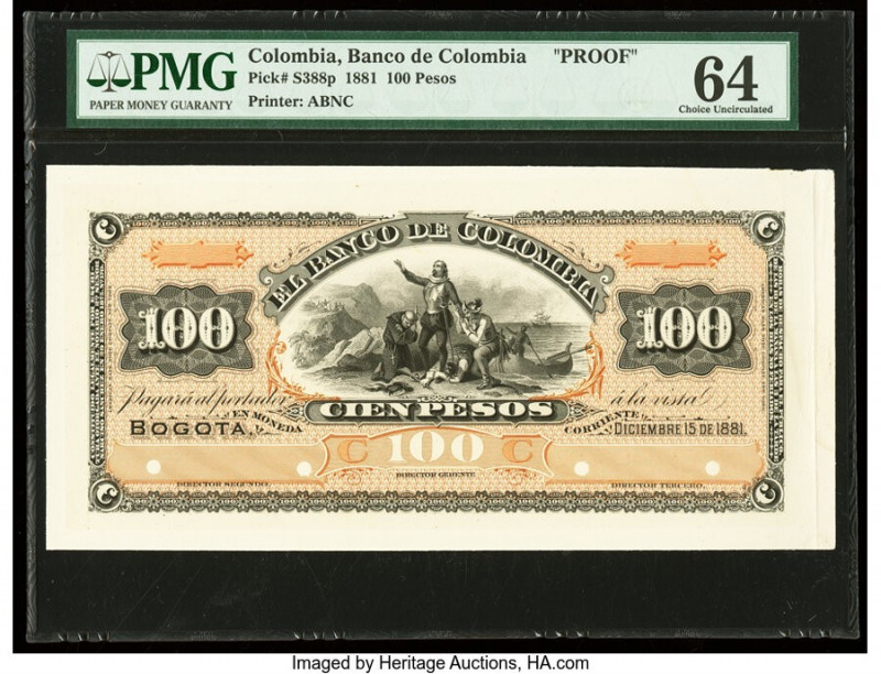 Colombia Banco de Colombia 100 Pesos 15.12.1881 Pick S388p Proof PMG Choice Unci...