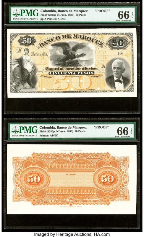 Colombia Banco de Marquez 50 Pesos ND (ca. 1880s) Pick S585p front and Back Proo...