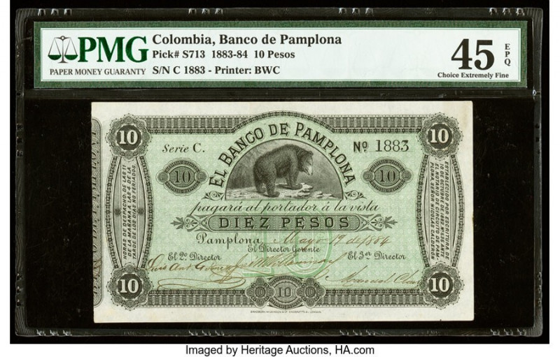Colombia Banco de Pamplona 10 Pesos 19.5.1884 Pick S713 PMG Choice Extremely Fin...