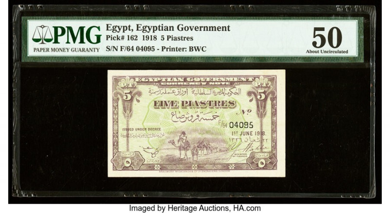 Egypt Egyptian Government 5 Piastres 1.6.1918 Pick 162 PMG About Uncirculated 50...