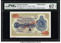 Falkland Islands Government of the Falkland Islands 1 Pound 20.2.1974 Pick 8bs Specimen PMG Superb Gem Unc 67 EPQ. Red Specimen overprints and one POC...