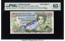 Falkland Islands Government of the Falkland Islands 10 Pounds 1.9.1986 Pick 14s Specimen PMG Gem Uncirculated 65 EPQ. Specimen overprints are present ...