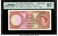 Fiji Government of Fiji 10 Shillings 1.6.1957 Pick 52as Specimen PMG Superb Gem Unc 67 EPQ. A roulette Specimen punch is present on this example.

HID...