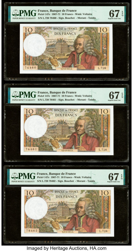 France Banque de France 10 Francs 2.12.1971 Pick 147c Three Consecutive Examples...