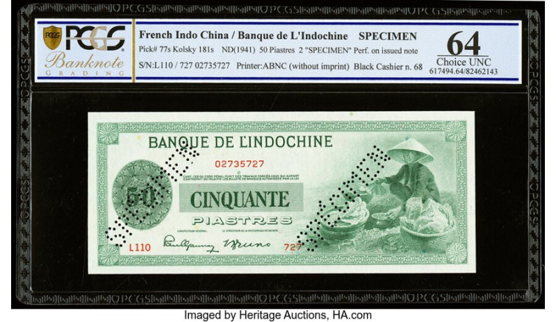 French Indochina Banque de l'Indo-Chine 50 Piastres ND (1941) Pick 77s Specimen ...