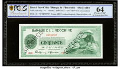 French Indochina Banque de l'Indo-Chine 50 Piastres ND (1941) Pick 77s Specimen PCGS Banknote Choice UNC 64. A roulette Specimen punch is present on t...