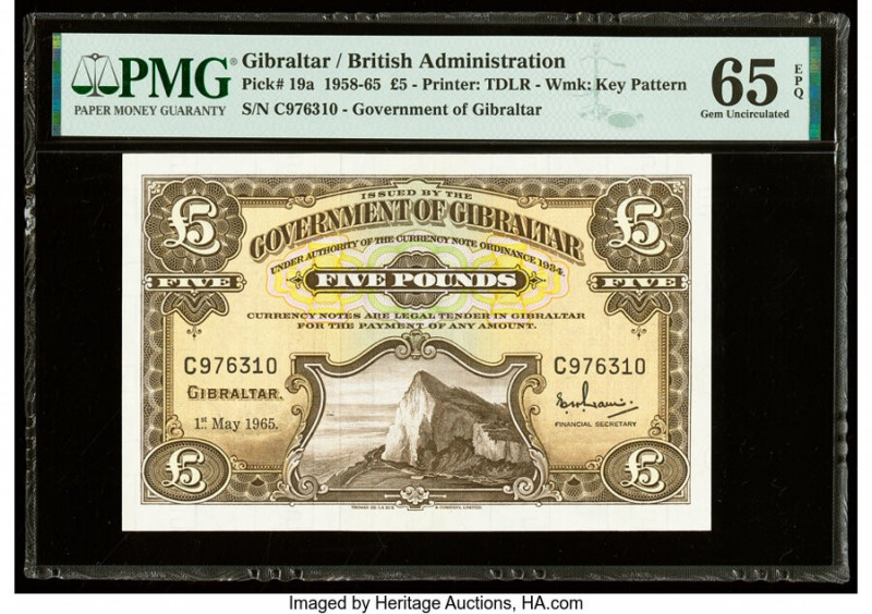 Gibraltar Government of Gibraltar 5 Pounds 1.5.1965 Pick 19a PMG Gem Uncirculate...