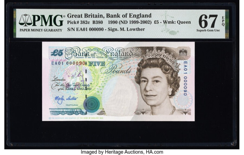 Low Serial 000090 Great Britain Bank of England 5 Pounds 1990 (ND 1999-2002) Pic...