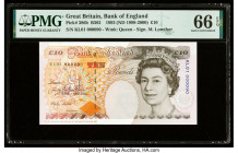 Low Serial 000090 Great Britain Bank of England 10 Pounds 1993 (ND 1999-2000) Pick 386b PMG Gem Uncirculated 66 EPQ. Part of a matching serial number ...