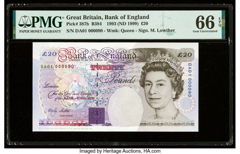 Low Serial 000090 Great Britain Bank of England 20 Pounds 1993 (ND 1999) Pick 38...